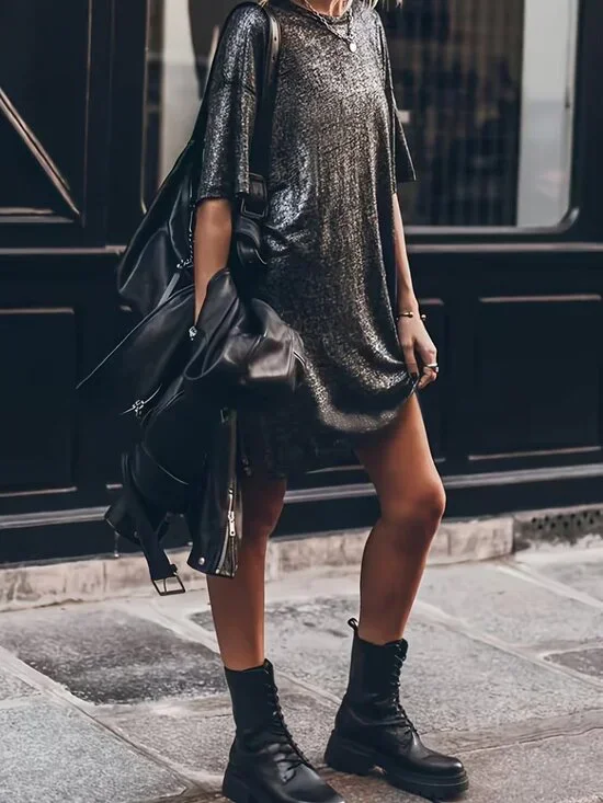 Deep Grey Grunge Streetwear Nian Short Sleeve Mini Dress - Picture 5 of 6